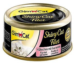 GimCat ShinyCat Filet Hühnchen mit Garnelen - Katzenfutter mit saftigem Filet ohne Zuckerzusatz für ausgewachsene Katzen - 24 Dosen (24 x 70 g)