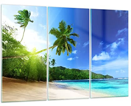 Moderne Impression sur Verre arbre jungle vague Paysage Image Tableau en Verre Decoration Murale 105x70cm Deco Salon Chambre Triptyque 3 parties Grand Tableaux Decoratifs Muraux Art GCE105x70-3169