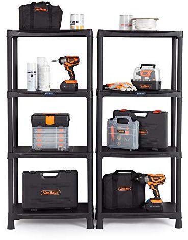 VonHaus Garage Shelving Units - 4 Tier Shelving Units for Storage - Lightweight, Compact & Easy to Build Shed Storage Units - Pack of 2 - Weatherproof Shed Solutions