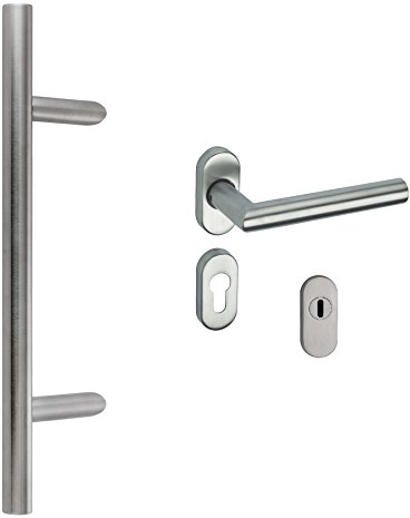 ck-türbeschläge Stoßgriff 45° m. ovaler Schutzrosette inkl. Zylinderabdeckung Edelstahl matt/Griff New Orleans (350/210 mm)