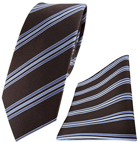 TigerTie schmale Seidenkrawatte + Seideneinstecktuch in dunkelbraun blau hellblau gestreift