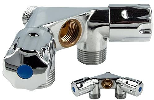 tecuro Doppel‑Geräteventil 1/2 Zoll Wandanschluss, 2x 3/4 Zoll Abgänge mit Rückflussverhinderer, Messing verchromt, 1/2 Zoll Frontabgang