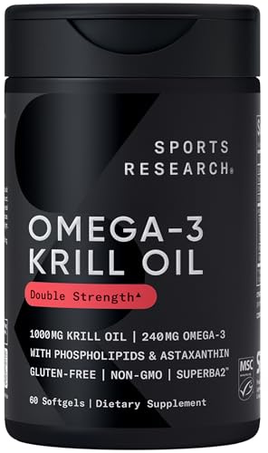 Sports Research Krill Oil Supplement with EPA & DHA Omega 3, Phospholipids & Astaxanthin from Antarctic Krill - Highest Concentration of Krill Oil for Men & Women - 1000mg, 60 Softgel Capsules