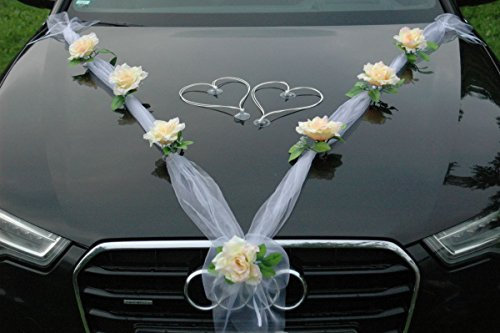Organza M + Herzen Braut Paar Rose Deko Dekoration Autoschmuck Hochzeit Car Auto Wedding Deko Ratan Girlande ®Auto-schmuck PKW (Lemon/Weiß/Weiß)