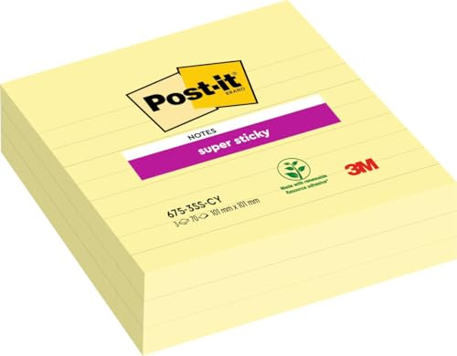 Post-it Super Sticky Large Notes, 3 Pads (210 Sheets), 101 x 101 mm, Yellow | Self-Stick Notes with Stronger Hold for Meetings, Teamwork and Brainstorming, Repositionable, Hold on Vertical Surfaces