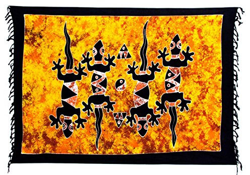 Kascha Sarong Pareo Wickelrock Strandtuch Tuch Wickeltuch Handtuch - Blickdicht - ca. 170cm x 110cm - Orange Schwarz Batik mit Gecko Motiv Handgefertigt inkl. Kokos Schnalle in Rauteform
