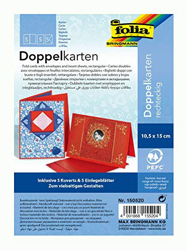 folia 150520 - Doppelkarten ca. 10,5 x 15 cm, je 5 Karten (220 g/qm), Kuverts und Einlagen, hochrot - ideal für Einladungen, Glückwunsch- oder Grußkarten