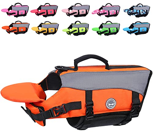 VIVAGLORY Giubbotto di Salvataggio per Cani con Galleggiante Frontale Rimovibile, Giubbotto di Sicurezza con Rifiniture Riflettenti e Imbottitura Extra per Nuoto e Navigazione, Arancione Vivo, XS