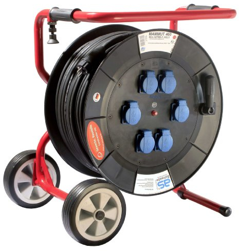 as - Schwabe Mammut Kabeltrommel 80 m H07RN-F 3G2,5, Außenbereich IP44, 6 Schutzkontaktsteckdosen, klappbares Fahrgestell, extrem robust, Made in Germany