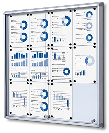Schaukasten Schiebetür 12x A4 Innen | ESG Sicherheitsglas, B1 Brandschutz, Sicherheitsecken | silber, magnetische Rückwand, abschließbar | für Schule, Kita, Behörde, Wand-Montage, Schiebetüren