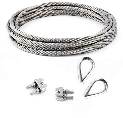 DQ-PP STAHLSEIL SET | 4mm | 10m | 2 x Seilklemmen Bügel 4mm | 2 x Kauschen 4mm | Edelstahl INOX | 7x19 weich | Drahtseil für Rankhilfe Rostfrei Seil Stahl Draht Forstseil Windenseil Spannseil Geländerseil