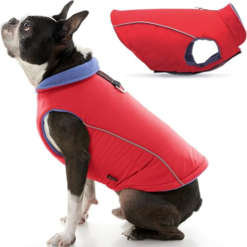 Gooby Cold Weather Fleece Lined Sports Dog Vest with Reflective Lining, Large, Red | Fleece-lined, water-resistant outer; 3-point hook-and-loop fit; Reflective lining; Leash attachment