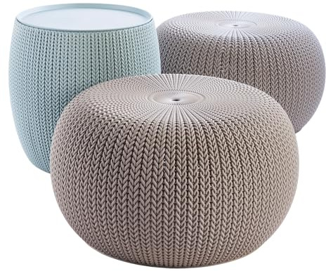 Keter Urban Knit Pouf Ottoman Set of 2 with Storage Table for Patio and Room Décor - Perfect for Balcony, Deck, and Outdoor Seating, Misty Blue & Taupe