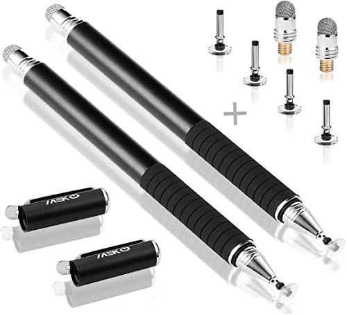 MEKO Stylet capacitif (disque et pointe en fibre) pour téléphones portables et tablettes 2 noirs.