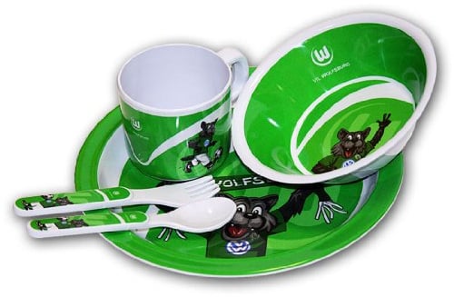 VfL Wolfsburg Geschirr Set 5-teilig Teller, Schüssel, Tasse, Löffel, Gabel Melamin bruchsicher