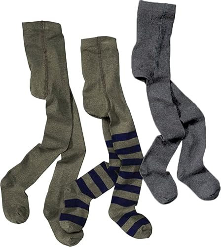 wellyou – 3er Set Kinder Strumpfhosen Mädchen & Jungen – Baby Strumpfhosen in Olivgrün Uni, Olivgrün-Blau gestreift & Grau Uni – Baumwollstrumpfhosen Ökotex zertifiziert (gr 122-128 | 5-6 Jahre)