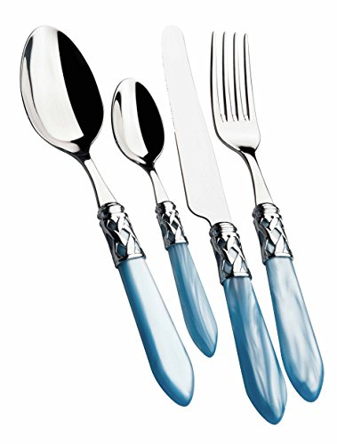 BUGATTI, Aladdin, Ensemble de Couverts 24 pièces en Acier Inoxydable 18/10, Anneau chromé et Manche Bleu Clair Effet Nacre. Set 6 Personnes: 6 cuillères, 6 fourchettes, 6 Couteaux, 6 cuillères à café