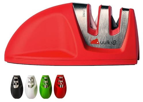UULKI | Afilador de cuchillos con base de goma antideslizante y revestimiento de goma | Afilador de tijeras con 2 pasos | cabe en cualquier cajón | Rojo