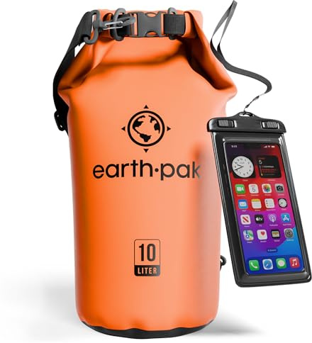 Earth Pak – Wasserdichter Packsack mit Schultergurt und wasserfester Handyhülle – Ideale Rolltop Tasche beim Kajak Fahren, Wandern, Camping, Angeln, Bootfahren und Rafting (Orange, 10L)