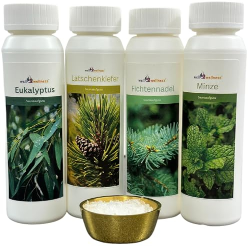 Well2wellness ® Set Esencias Sauna 4 X 125ML 'Clásico 1' con Eucalipto, Pino, Menta, Aguja Del Pino + Gratis 10g Mentol