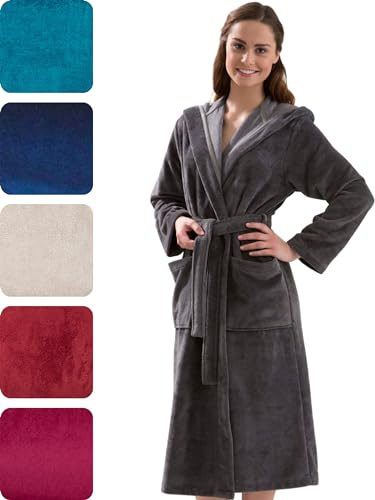 Morgenstern Bademantel Damen flauschig mit Kapuze in Grau Geena Sauna bademantel Kapuzenbademantel Damenbademantel einfarbig lang M Hausmantel