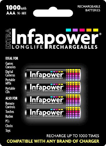 Infapower B002 AAA 1000mAh with 4 Rechargeable Batteries, Black