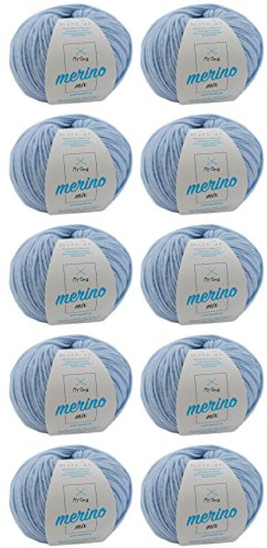MyOma Merino Wolle Stricken - 10 Knäuel Eisblau (Fb 82677) - Hell Blaue Mix + GRATIS Label - 50g/120m - Weiches Garn