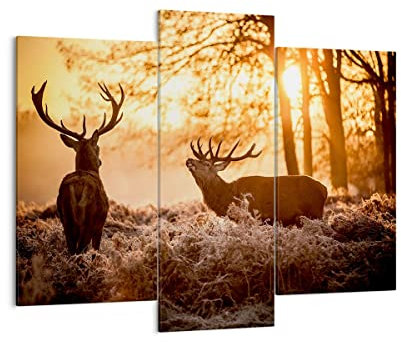 Mehrteilige Bilder auf Leinwand 130x100cm Leinwandbild Deer Heidekraut Tier Groß Wanddeko Bild Schlafzimmer Set 3 teilige Wandbilder Dekoration Wohnzimmer Canvas Wand Kunstdruck Art CB130x100-3043