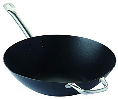 Point-Virgule Wok en Acier Carbone avec revêtement Anti-adhérent, pour feu gaz, eletrique, céramique, Induction Compris, 36cm