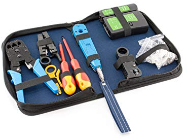 tsnetworks Netzwerk Werkzeug Set inkl. RJ45 Netzwerktester, LSA+ Auflegewerkzeug, Crimpzange, 2x Abisolierer, 2x 10 Stk. RJ11/RJ45 Cimpstecker in stabiler Tasche, 10 teilig