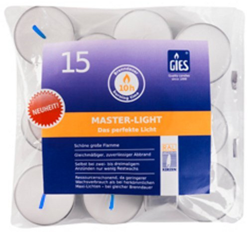 NEUHEIT! 15 Gies Maxi Teelichter (Master-Lights) im Alubecher, mit blauem Docht, Weiß, Maxilicht, Jumbo Teelichter, ohne Duft, Kerzen, Teelicht, Metallhüllsen, 10 Stunden Brenndauer, Ø : ca. 48 mm