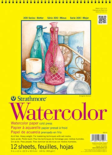Strathmore 300 Series Watercolor Paper Pad, Top Wire Bound, 9x12 inches, 12 Sheets (140lb/300g) - Artist Paper for Adults and Students - Watercolors, Mixed Media, Markers and Art Journaling