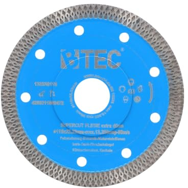 BTEC24 Fliesentrennscheibe Diamant Trennscheibe für Fliesen und Feinsteinzeug Keramik und harte Bodenfliesen extra dünn 1,2mm Ø115 mm x 22,23 mm Aufnahme SUPER CUT