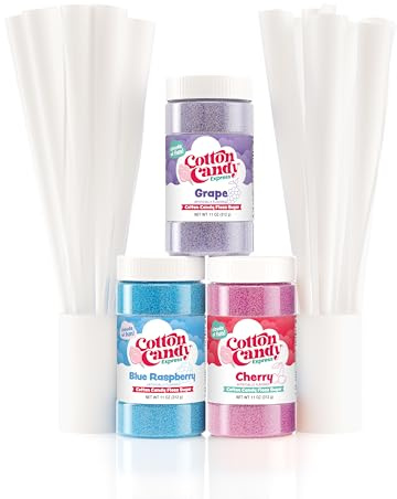 Cotton Candy Express Floss Sugar Variety Pack with 3 - 11oz Plastic Jars of Cherry, Blue Raspberry & Grape Flossing Sugars Plus 50 Paper Cotton Candy Cones