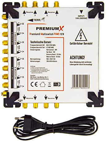 Premium X PXMS 17/8 Multischalter mit Netzteil Multiswitch 4 SAT für 8 Teilnehmer Satverteiler Digital HDTV FullHD 4K UHD 8K