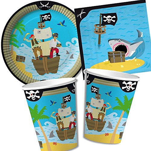 37-tlg. Party-Set * KINDERPIRATEN * mit Pappteller + Servietten + Pappbecher + Deko für Piraten Kindergeburtstag | Party Dekoration Kinder Geburtstag Mottoparty Pirates Freibeuter Totenkopf Seeräuber