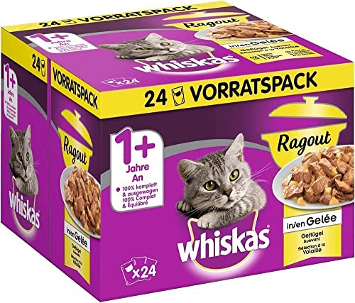 Whiskas 1 + Katzenfutter Ragout – Geflügel-Auswahl in Gelee – Abwechslungsreicher Geschmack durch verschiedene Geschmacksrichtungen – 48 Portionsbeutel à 85g