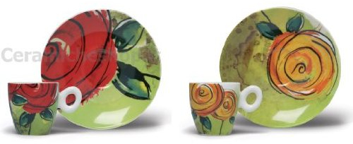 COPPIA DI TAZZINE DA CAFFE' VERDI ROSA ROSSA E GIALLA IN PORCELLANA EGAN