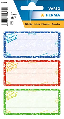 HERMA 5562 Buchetiketten zum Beschriften Schoolydoo, 9 Stück, 76 x 35 mm, selbstklebend, liniert, Buchaufkleber für Schule Kinder Mädchen Jungen, blanko Heftetiketten Aufkleber, bunt