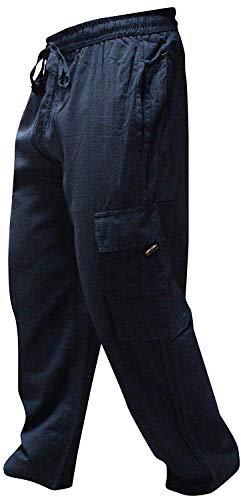 SHOPOHOLIC FASHION Mens Elastic Waist Cargo Pants Plain Hippy Combat Trousers (Blue/L)