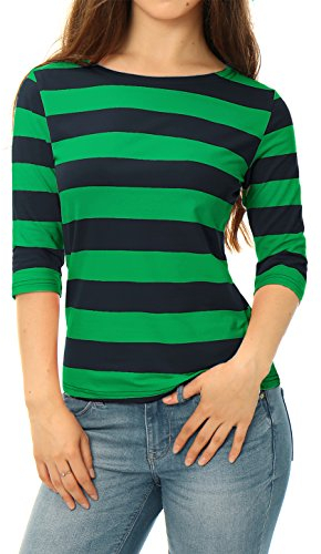 Allegra K Women's Elbow Sleeves Top Casual Boat Neck Slim Fit Stripe T-Shirt Dark Green XL