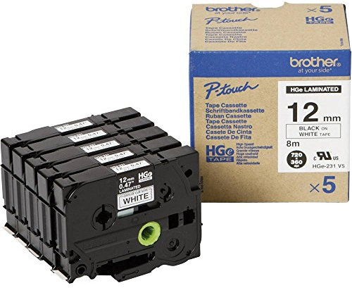 BROTHER HG231V5 5x Schriftbandkassette 12mmx8m weiss schwarz laminiert fuer P-touch P500PC 9700PC 9800PCN RL700S