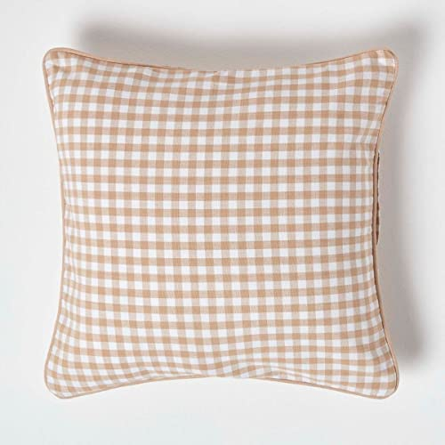 Homescapes Karierte Kissenhülle für Zierkissen Gingham, beige, 45 x 45 cm, quadratischer Zierkissenbezug im Landhausstil aus 100% Baumwolle mit Reißverschluss