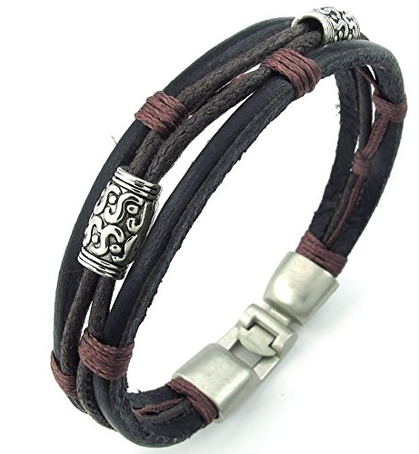 Konov Armband für Herren und Damen, Leder / Legierung, geflochten, Ethnostil-Modeschmuck, braun / silberfarben / schwarz, mit Geschenktasche
