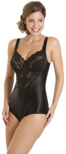 Camille Women's Underwired Shapewear Bodysuit – Floral Lace Tummy Control Body Shaper with Adjustable Straps – Firm Control Women's Bodysuits - Black 38C