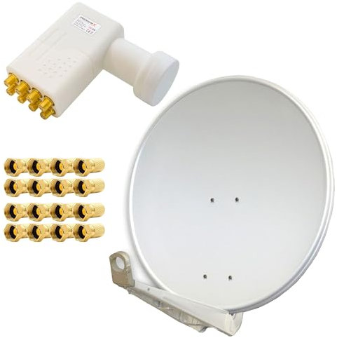 PremiumX DELUXE80 Aluminium 80cm Digital SAT Schüssel Spiegel in Hellgrau für HDTV HD+ 3D + LNB Octo 0,1 dB PremiumX WE PXO-08 zum Direktanschluss von 8 Teilnehmern + 16 F-Stecker