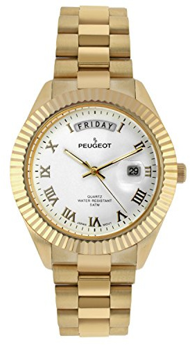 Peugeot Men's Big Face Day Date Roman Numeral Fluted Bezel Steel Watch