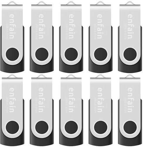 Enfain 10er-Pack USB Stick 16GB Schwarz – USB 2.0 Drehbare Sticks für Büro, Schule & Unterwegs – Praktischer Speicherstick, Bulk-Set, Plug & Play