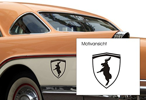 blattwerk-design KFZ-Aufkleber, Autoaufkleber - Elch im Ferrarizeichen - Auto, Elch, Humor - Verschiedene Größen und Farben (M070 Schwarz, 200 mm x 150 mm)