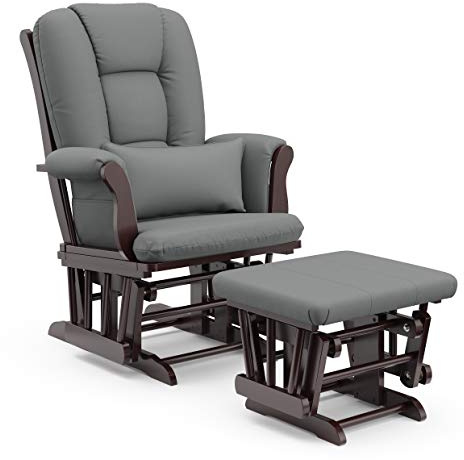 Storkcraft Tuscany Custom Glider and Ottoman with Free Lumbar Pillow (Espresso/Grey) - Cleanable Upholstered Comfort Rocking Nursery Chair with Ottoman